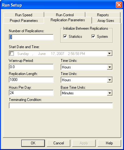 Run setup parameters for the database example