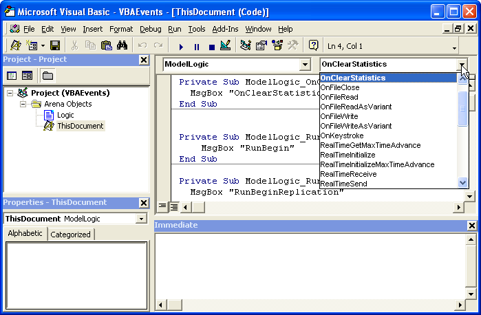 Showing the VBA Events for Arena