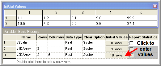 Data sheet view for 2-D variable array