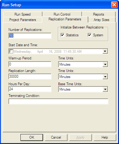 Replication parameters for the warm up analysis